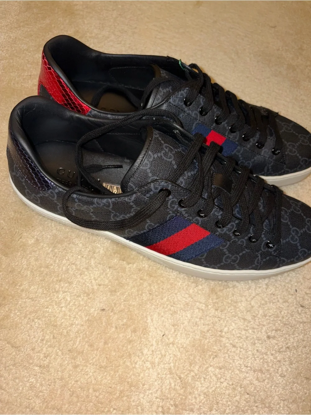 Gucci Black GG Canvas Sneaker with Red & Navy Web Stripe